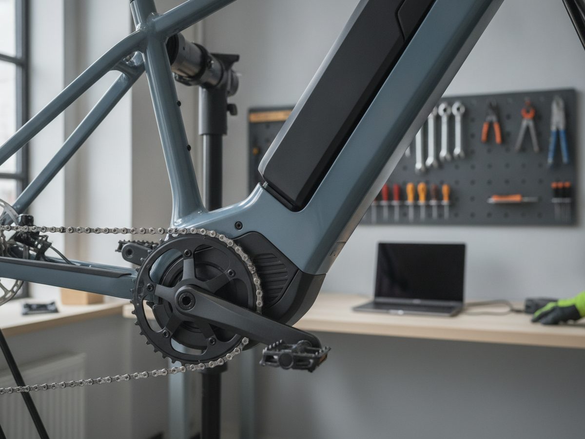 E-Bike-Mittelmotor im Montageständer